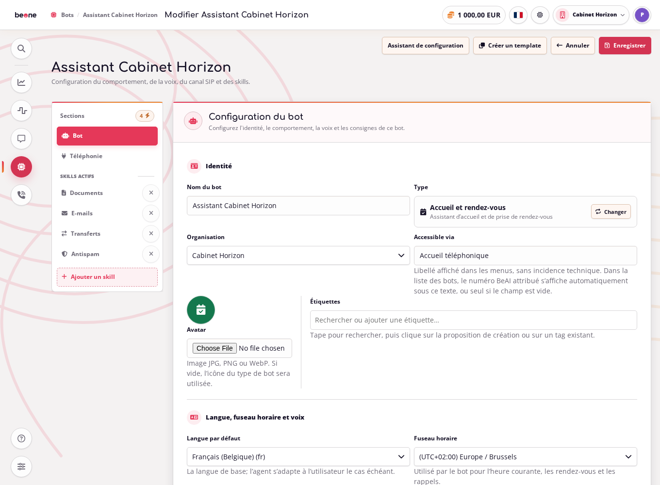 The actual bot identity configuration screen